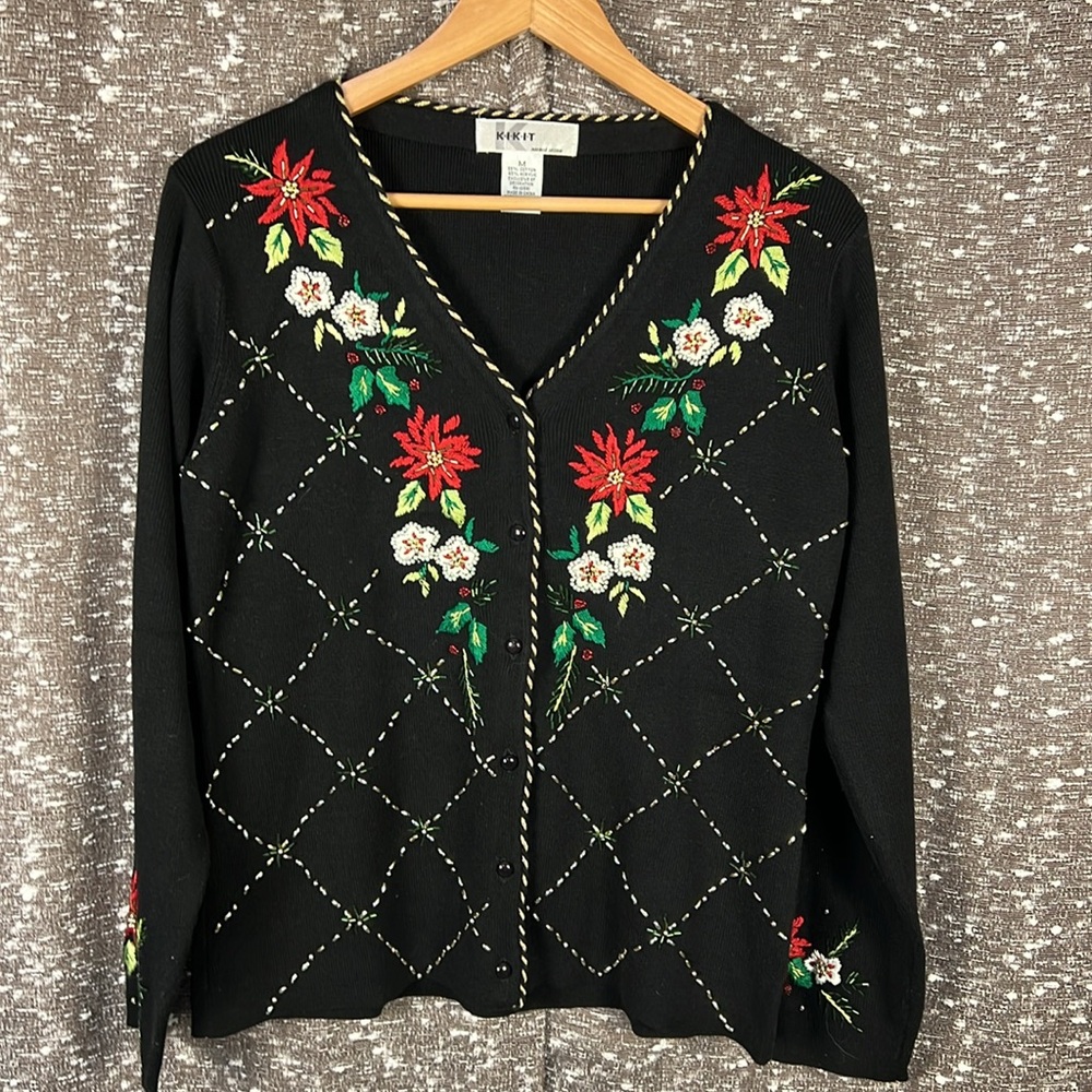 Kikit Maurice Sasson Vintage Cardigan Sweater-Holiday Christmas‎ Pointsettia